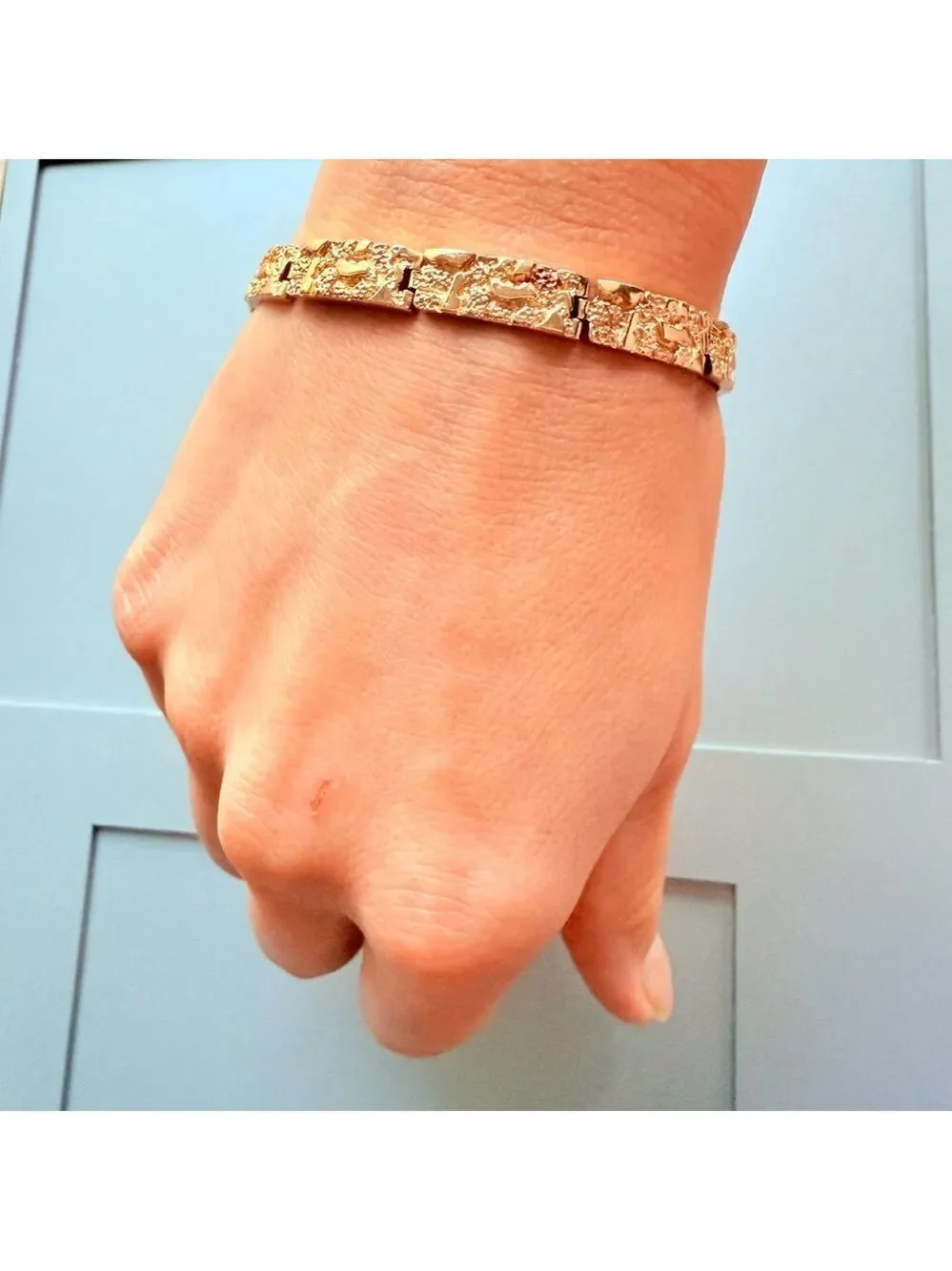 Solid 14k Yellow Gold Nugget Panel Link Bracelet HEAVY
